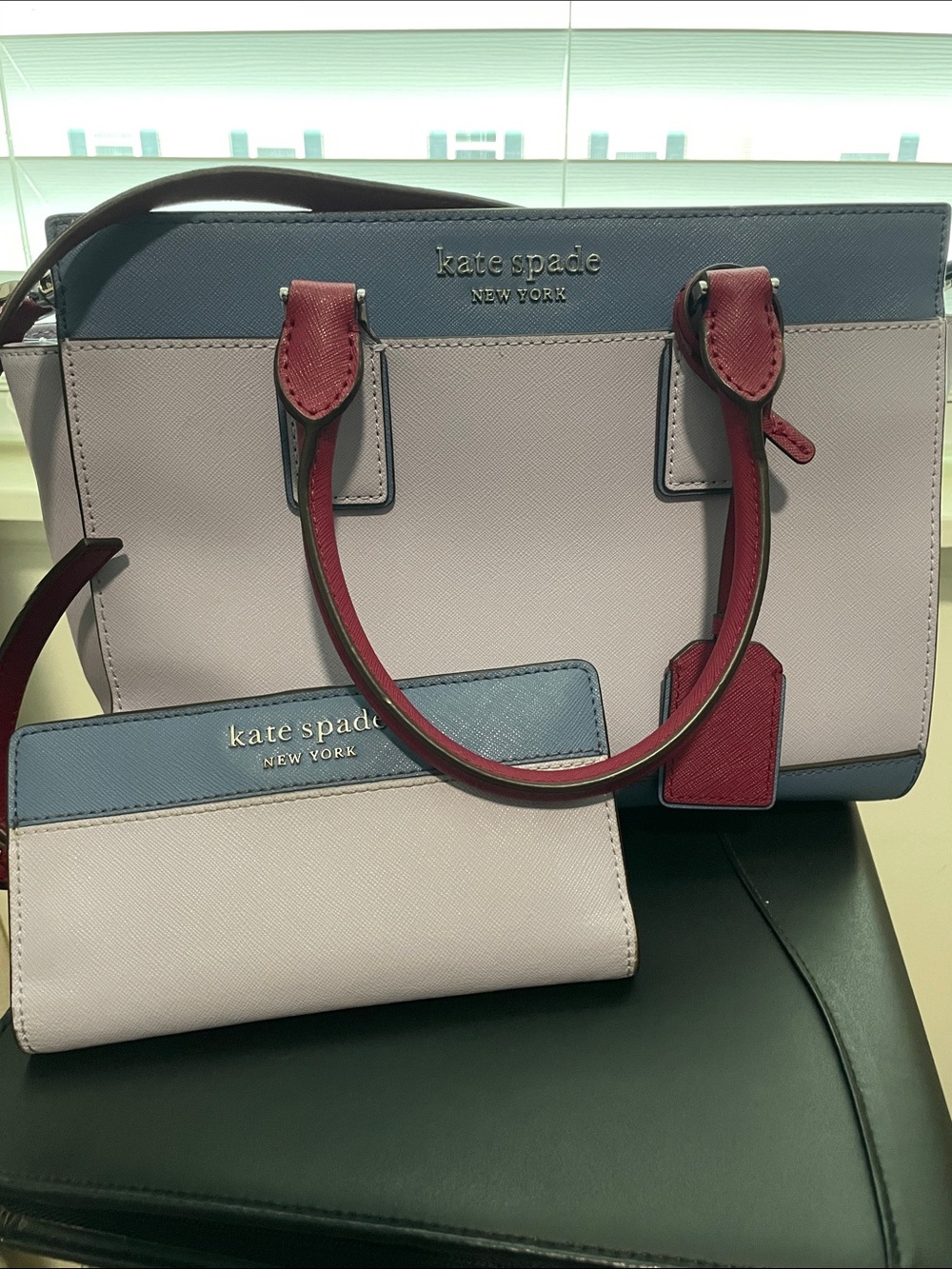 Kate Spade Two-Tone Lavender, Blue & Burgundy Satchel with Matching Wallet
